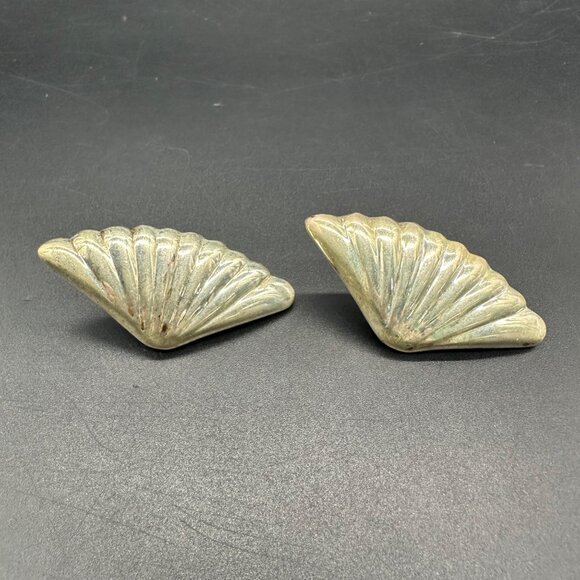 Vintage Sterling Silver Seashell Fan Earrings 925 Nautical Beach Jewelry Hollow - Picture 2 of 8